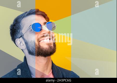 Art collage with close up portrait of funky young bearded hipster man in sunglasses smiling confident on a pastel multicolors te Stock Photo