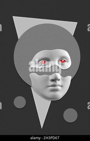 Antique sculpture of woman face surreal collage in pop art style. Modern image with cut details of statue head. Red eyes. Dark c Stock Photo