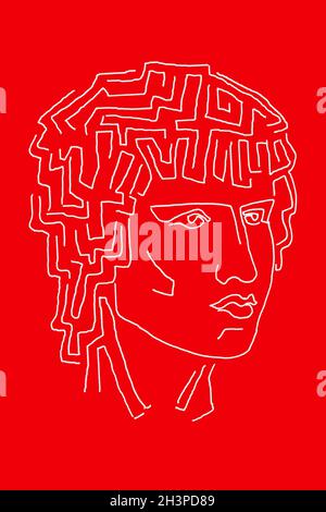 Abstract line surreal face. Modern art creative concept image with ancient statue head. Crazy contemporary drawing in modern cub Stock Photo