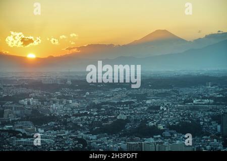 Yokohama city and Mount Fuji and dusk Stock Photo