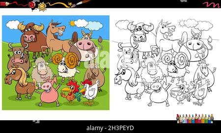 Cartoon farm animal characters group coloring book page Stock Photo