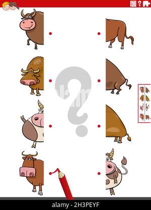 Match halves of pictures with cartoon bulls educational game Stock Photo