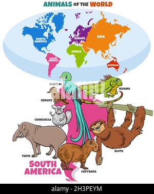 Educational illustration of cartoon South American animals Stock Photo