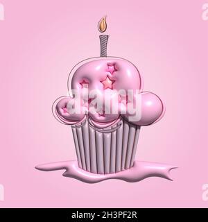 3d sweet pink cup cake with whipped pink cream and star topping with candle,  isolated on pink background Stock Photo