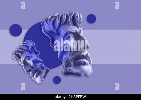 Antique sculpture of face old bearded man surreal collage in pop art style. Modern image with cut details statue head. Zine cult Stock Photo