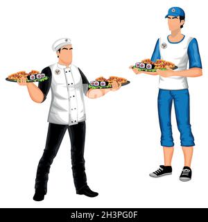 Chef and courier delivering an order, people on a white background - Vector illustration Stock Vector