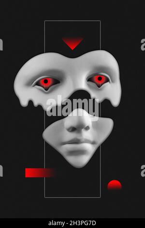 Antique sculpture of woman face surreal collage in pop art style. Modern image with cut details of statue head. Red eyes. Dark c Stock Photo