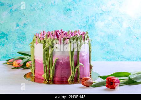 Beautiful cake with cream flowers. Stock Photo