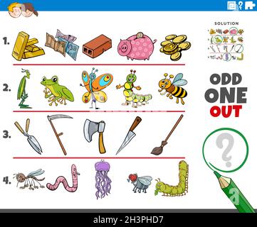 Odd one out picture game with cartoon objects and animals Stock Photo