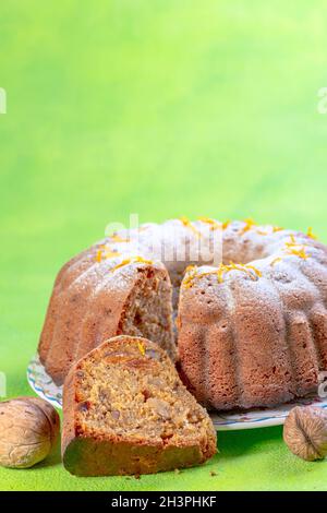 Carrot cake with raisins and walnuts. Stock Photo