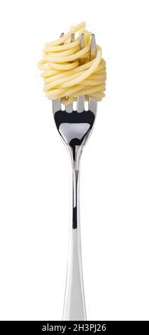 Spaghetti on fork on white background Stock Photo