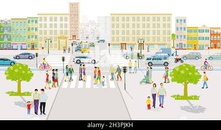 City silhouette with road traffic and pedestrians on the pedestrian ...