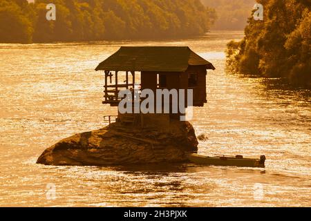 House on rock island in river Drina - Serbia Stock Photo