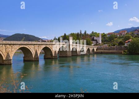 Old Bridge on Drina river in Visegrad - Bosnia and Herzegovina Stock Photo