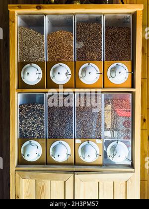 Close up View of Coffee Beans Closet with Various Type and Origins of Coffee Beans on Display for Customers Stock Photo