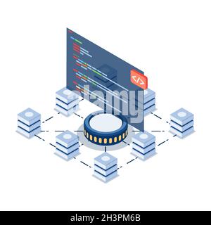 Flat 3d Isometric Computer Code Over Blockchain Technology. Blockchain Technology and Software Development Concept. Stock Vector