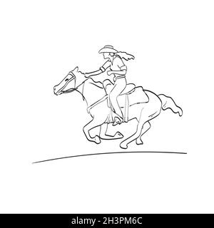 cowgirl riding on horseback running illustration vector isolated on white background line art. Stock Vector