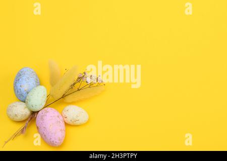 Easter eggs, a sprig of gypsophila, a lagurus on a yellow background. empty Stock Photo