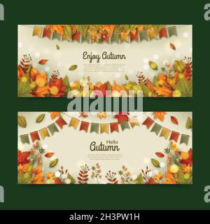 realistic autumn horizontal banners set vector design illustration Stock Vector