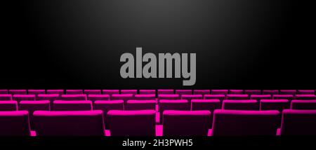 Cinema movie theatre with pink seats rows and a black background. Horizontal banner Stock Photo