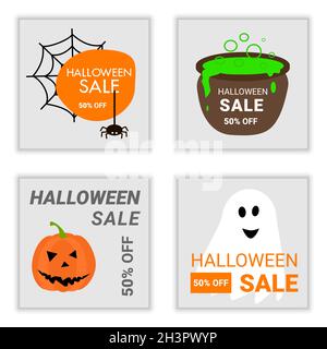 Halloween sale flyers with Halloween elements. Set of social media sale web banners design for online shop or store. Vector illustration for poster, b Stock Vector