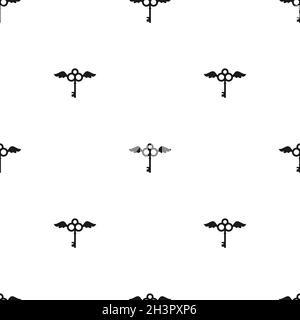 Seamless ornament with vintage flying keys with wings. Vector pattern on white. Catch luck, tint, hint concept. Mystery, clue and magic wallpaper. Fai Stock Vector