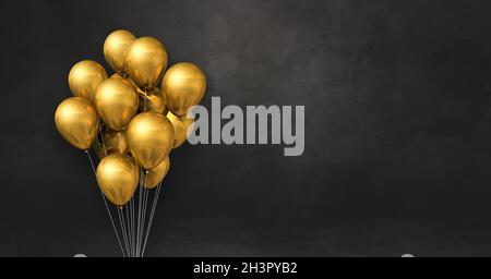 Gold balloons bunch on a black wall background. Horizontal banner. Stock Photo