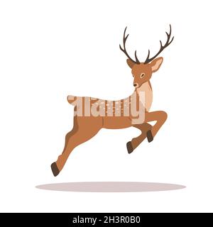 Elegant noble sika deer. Reindeer with antlers in jump. Ruminant mammal animal. Vector illustration in flat cartoon style Stock Vector