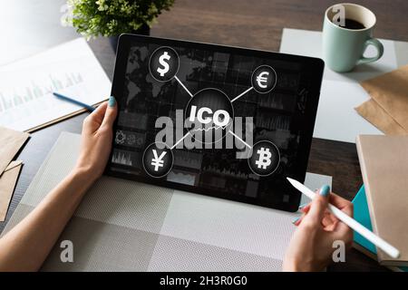 ICO - Initial coin offering. Blockchain and financial technology concept. Stock Photo