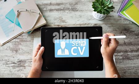 Send CV button on screen, Recruitment, Job Search, Human resources HR, Employment. Business concept. Stock Photo