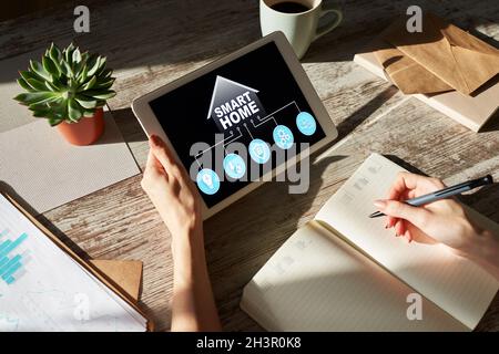Smart home concept, control panel software on device screen. Stock Photo