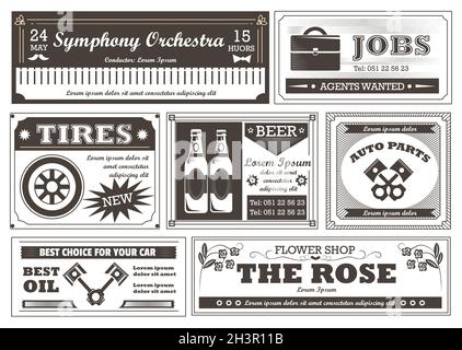Advertisement in retro newspaper, vintage services advertising flyers Stock Vector