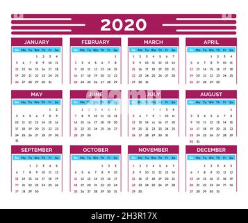 Calendar grid, 2020 New Year organizer and wall business planner Stock Vector