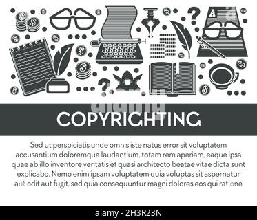 Copyrighting and intellectual property, writing tools and equipment Stock Vector