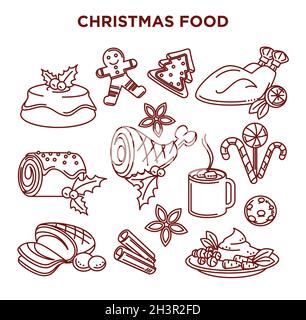 Winter holidays celebration, Christmas food, isolated dishes icons Stock Vector