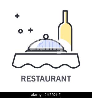 Restaurant isolated outline icon, wine bottle and tray with lid Stock Vector