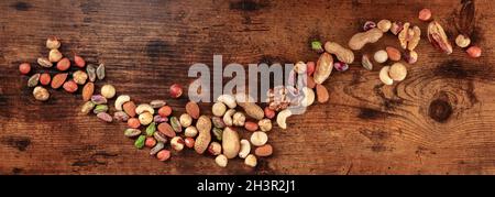 Nuts panorama. Many different nuts, shot from above Stock Photo