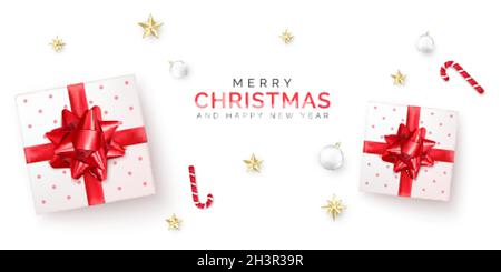 Holiday sale banner with gift box with red ribbon and bow. Christmas poster. Present boxes with New Year decoration. Vector illustration Stock Vector