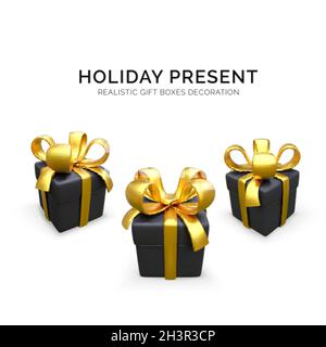3D black boxes with gold ribbon and bow. Realistic design element for holiday sales. Vector illustration Stock Vector