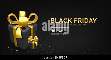 Holiday sale banner. Black friday or luxury Christmas poster. 3d boxes with gold ribbon and bow. Vector illustration Stock Vector