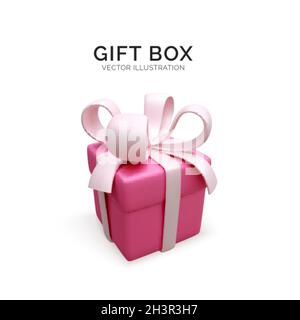 Realistic gift box isolated on white background. 3d render holiday closed surprise box with pink ribbon. Red present box. Vector illustration Stock Vector