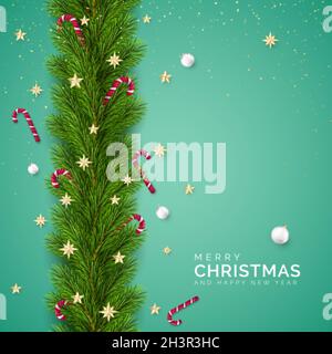 Christmas Tree Branches Decorated with Golden Stars and Snowflakes, Candy Canes and White Christmas Balls. Holiday Decoration Element with Wishes. Vec Stock Vector