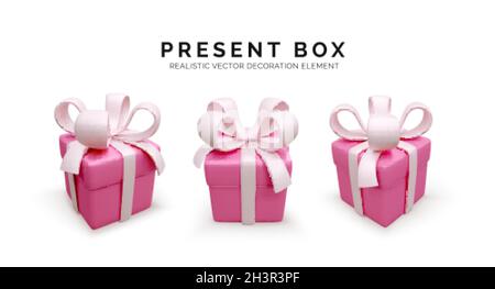 Set of gift boxes in soft pink colors. 3d render holiday closed surprise box with pink ribbon. Red present box. Vector illustration Stock Vector
