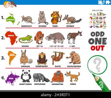 Odd one out picture task with animal species and continents Stock Photo