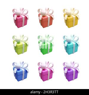 Set of realistic gift box isolated on white background. 3d color render holiday closed surprise box with ribbon. Christmas present box. Vector illustr Stock Vector