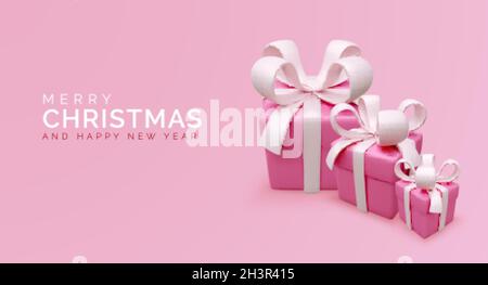 Holiday banner with pink gift boxes. Christmas greeting card. Mother or women day present boxes. Vector illustration Stock Vector