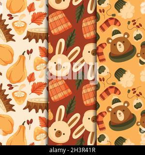 hand drawn flat autumn patterns collection vector design illustration Stock Vector