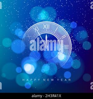 Clock Dial on Magic Blue Christmas Glitter Background with Bokeh. Vector illustration Stock Vector