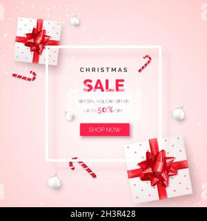 Christmas holiday sale banner with gift boxes with red ribbon and bow. Present boxes with New Year decoration. Vector illustration Stock Vector