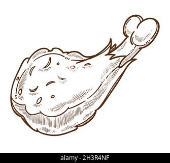 Fast food menu, fried chicken leg isolated sketch Stock Vector